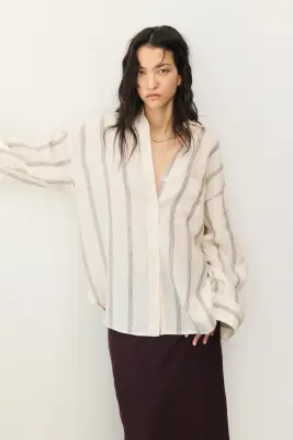 Chemise oversize en lin - Beige clair/rayé — photo 1