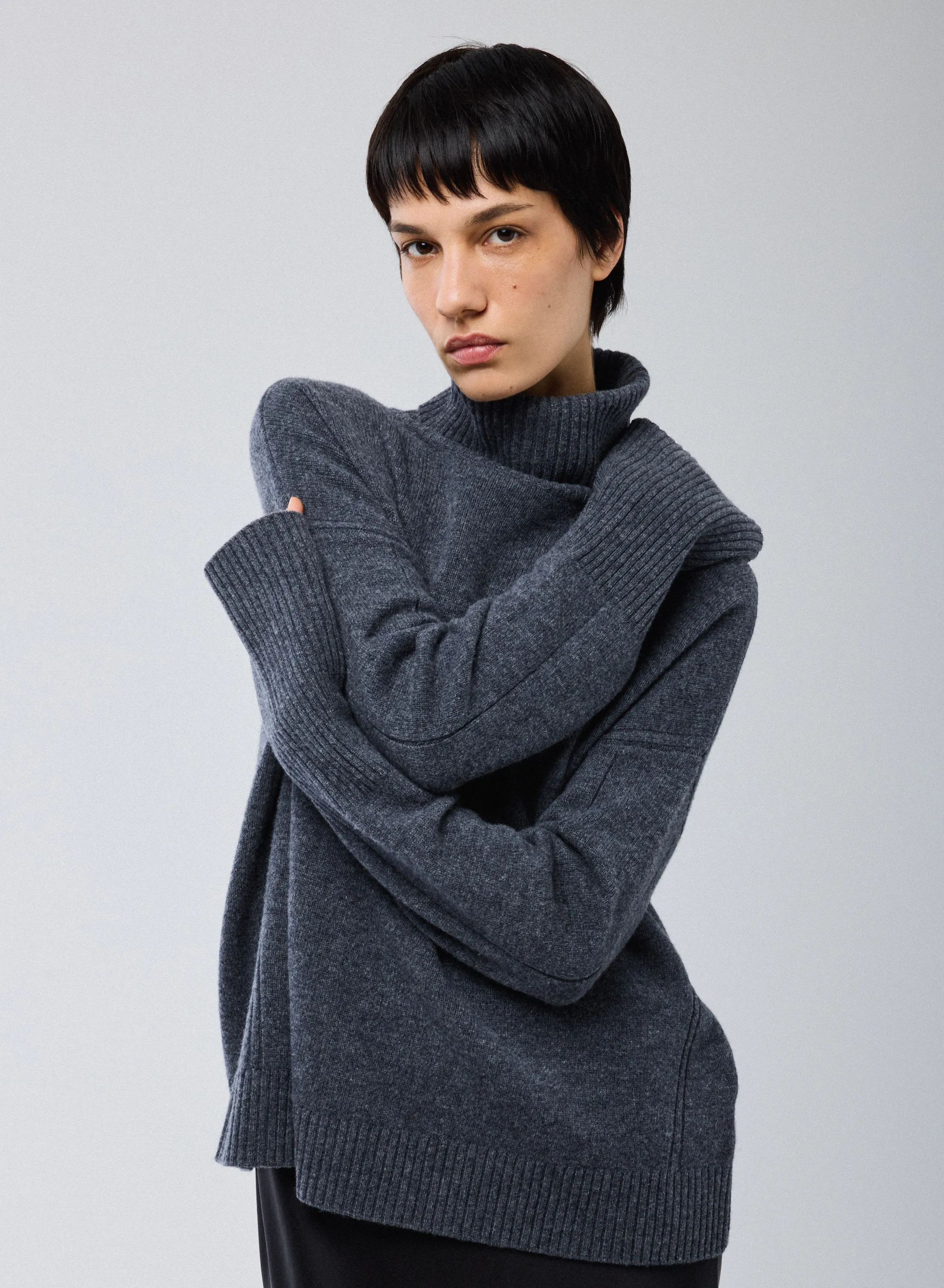 Pull Gris Col Roulé Manches Longues en Laine merinos