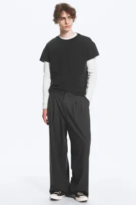 Nate Pantalon Taille Standard Coupe Droite Ample - Gris foncé rayé — photo 1