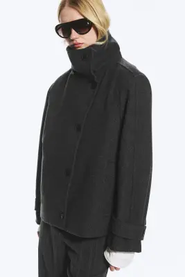 Veste en laine mélangée à col cheminée - Gris foncé chiné — photo 3