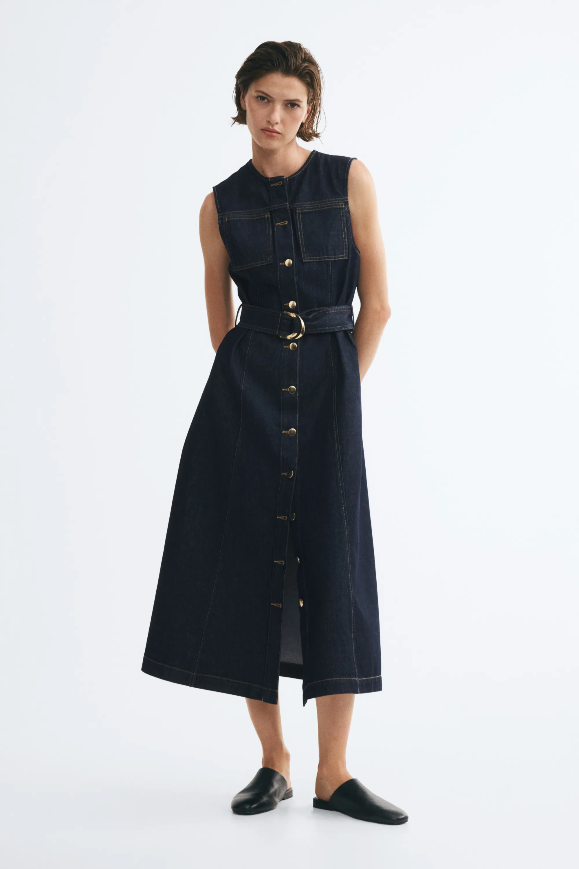 Robe en denim avec ceinture - Bleu denim foncé