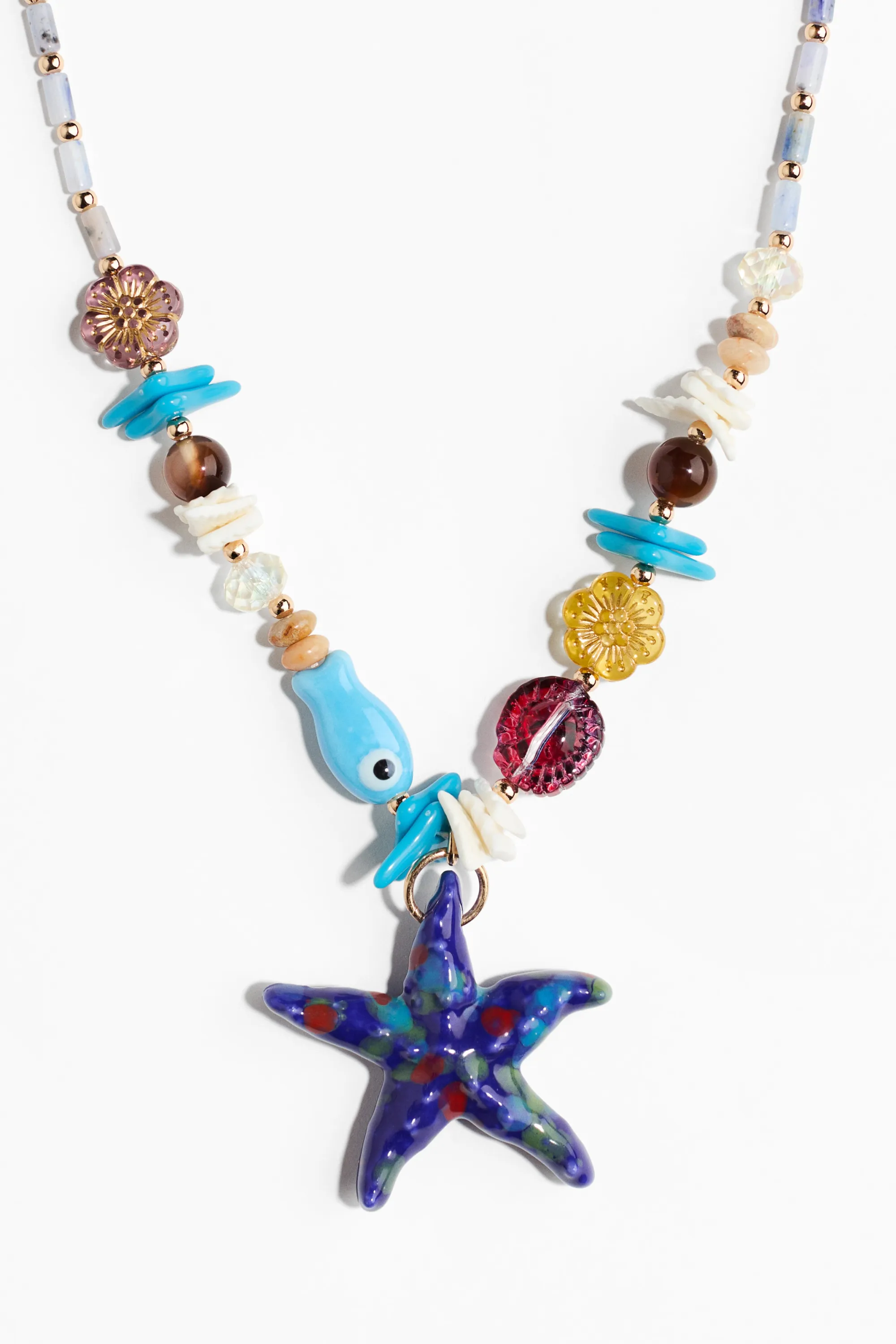 Collier de perles fantaisie avec pendentif - Bleu clair/doré