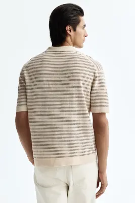 Polo Regular Fit en lin mélangé - Beige/rayé — photo 3
