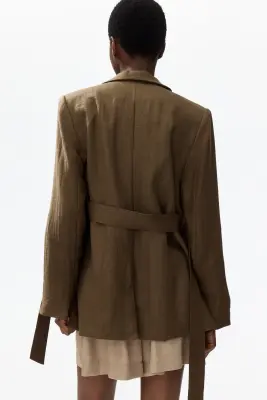 Blazer en tissu texturé avec ceinture à nouer - Vert kaki foncé — photo 2