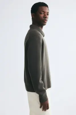 Polo Regular Fit en laine - Vert kaki foncé — photo 3