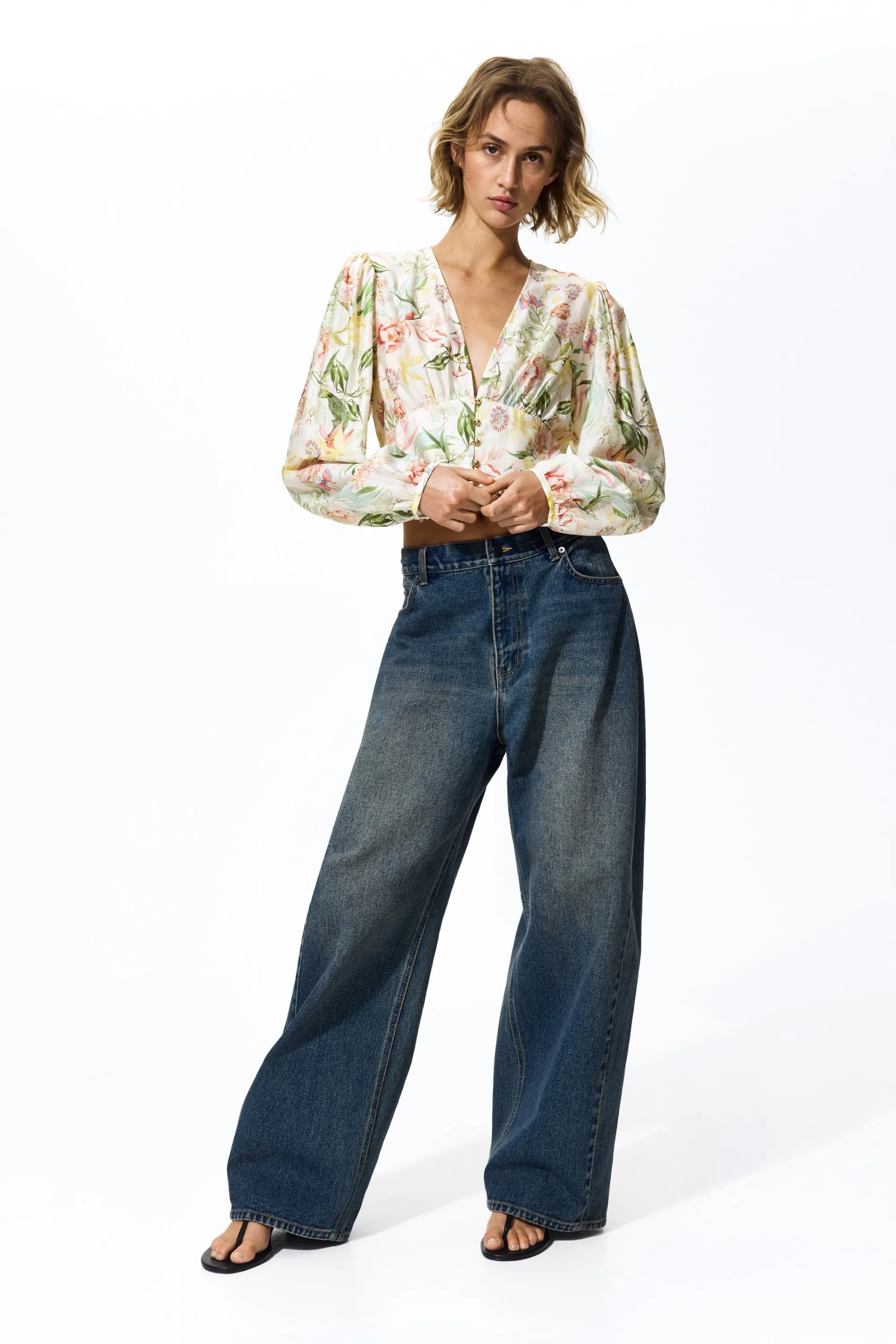 Blouse à encolure en V - Crème/fleuri