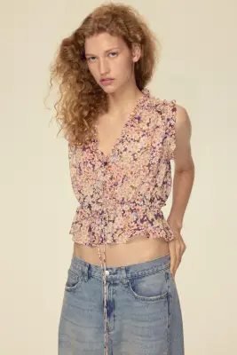 Top volanté en lyocell - Violet foncé/fleuri — photo 2