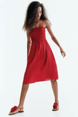 Robe smockée à bretelles fines - Rouge — photo 2