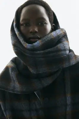 Veste brossée avec écharpe - Bleu marine/carreaux — photo 1