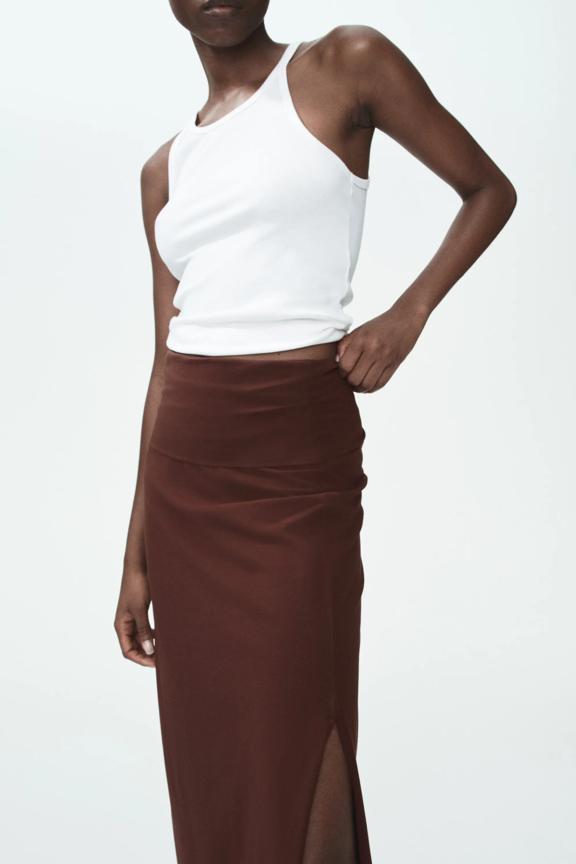 Jupe en coton avec ceinture repliée - Marron foncé