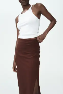 Jupe en coton avec ceinture repliée - Marron foncé — photo 1
