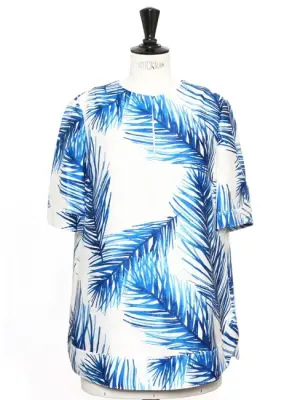 Blouse manches courtes en gazar de soie imprimé palmiers bleu et blanc Prix boutique 320€ Taille 36 — photo 1