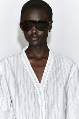 BLOUSE EN COTON CRÊPÉ À COL VOLANTÉ - BLANC / RAYURES — photo 3