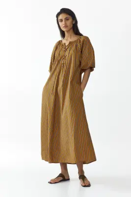 Robe trapèze en popeline - Marron/rayé — photo 2