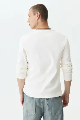 Chemise côtelée à col tunisien Slim Fit - Crème — photo 4
