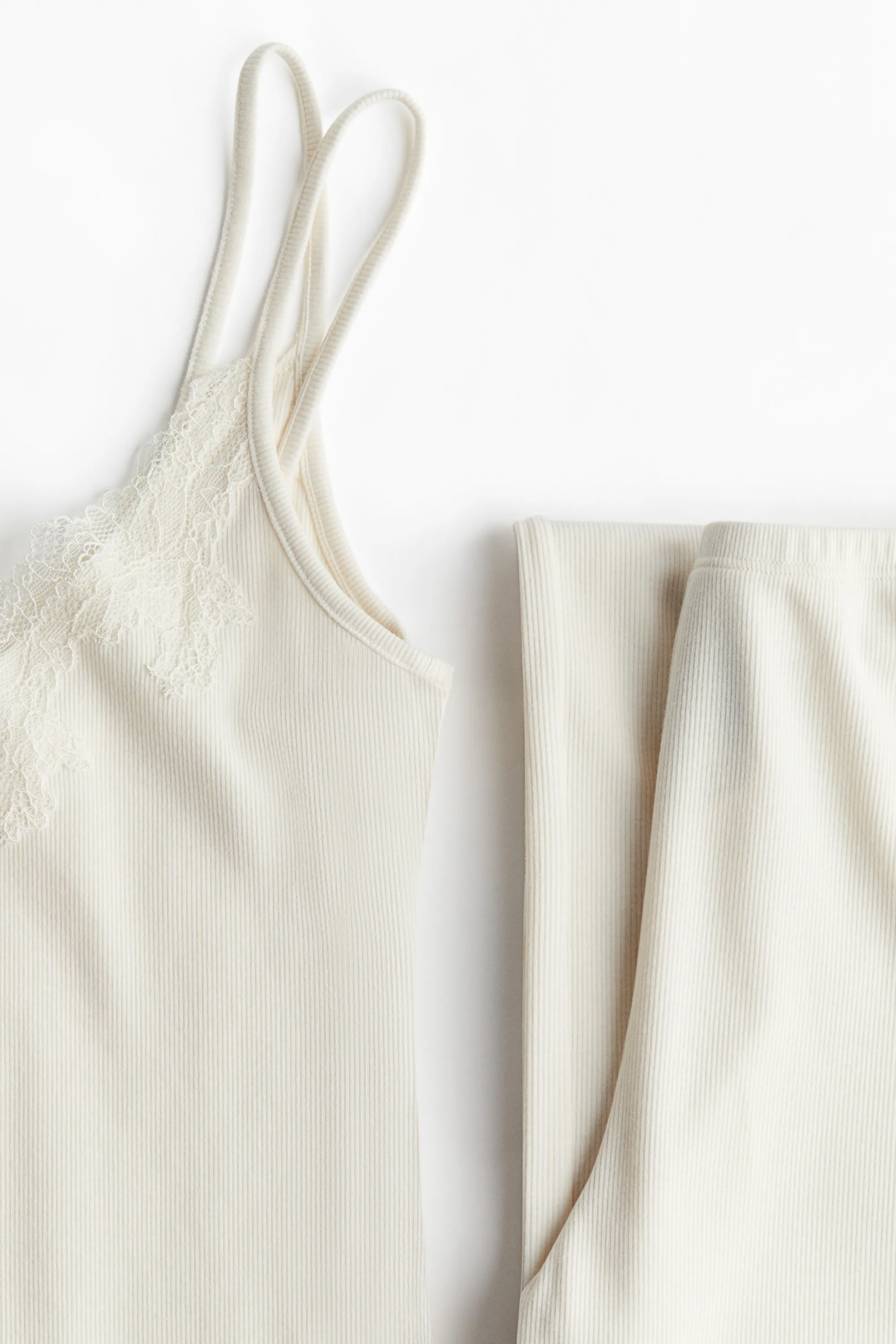 Pyjama côtelé avec dentelle - Crème