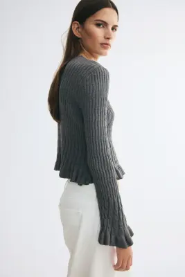 Gilet à encolure en V avec bords ruchés - Gris chiné — photo 2