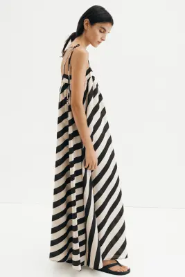 Robe trapèze avec bretelles à nouer - Noir/rayures crème — photo 3