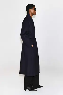 MANTEAU LONG EN LAINE DOUBLE FACE À COL CHÂLE - BLEU MARINE — photo 4