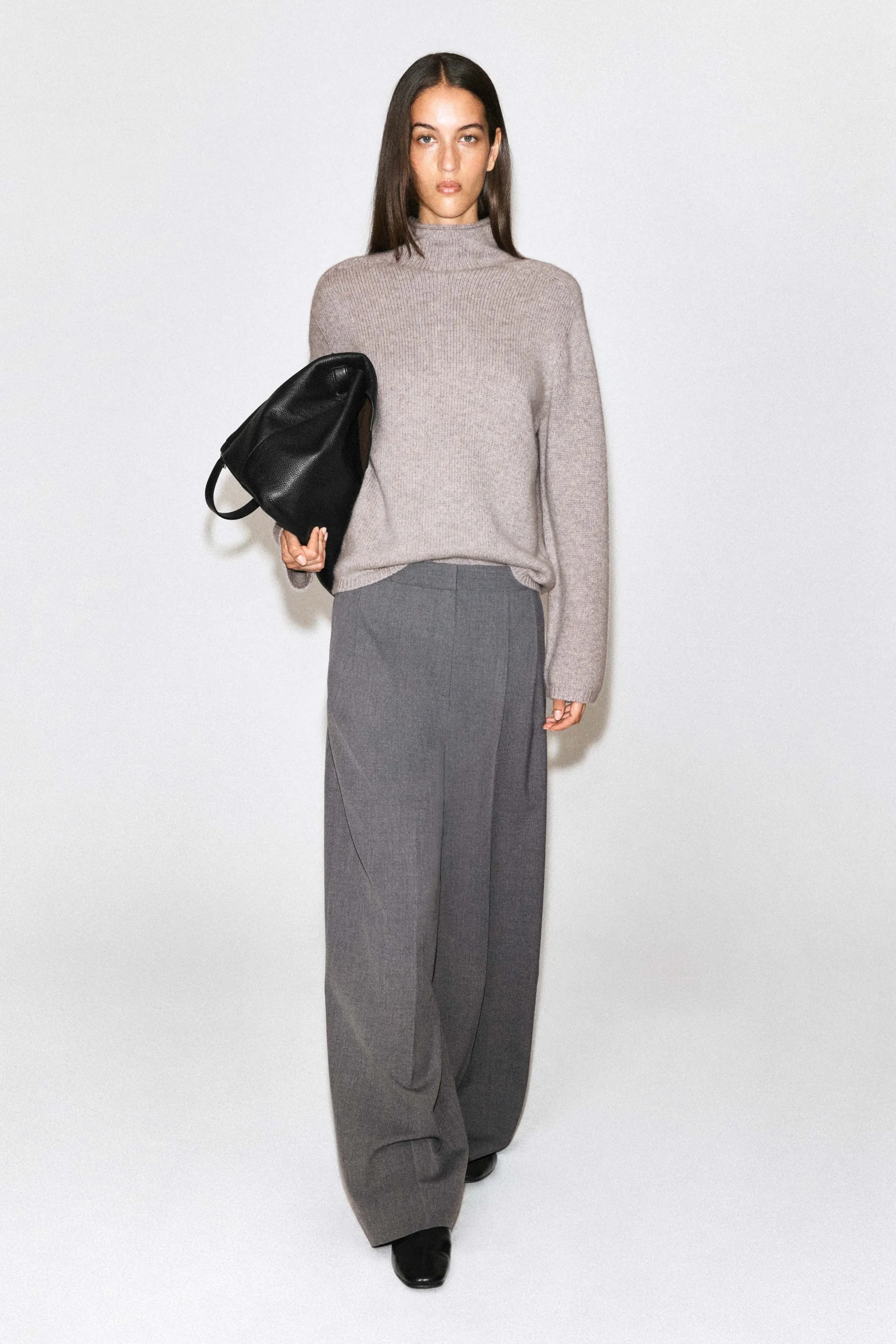 PANTALON LARGE À PLIS - GRIS CHINÉ