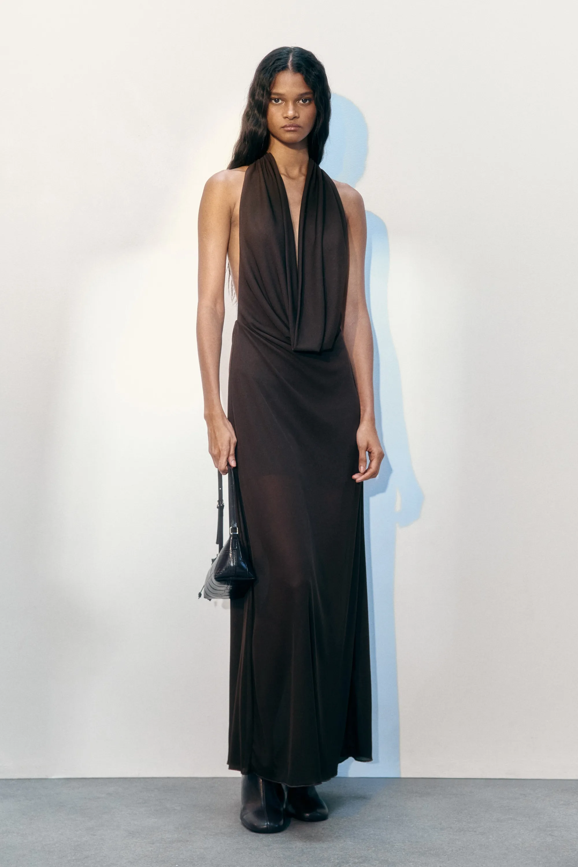 Robe maxi à encolure bénitier - Marron foncé