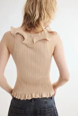 Top en maille côtelée avec ruché - Beige — photo 4