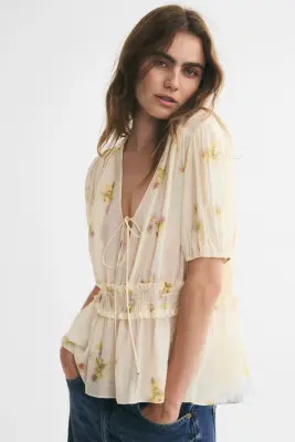 Blouse péplum à manches bouffantes - Beige clair/fleuri — photo 2