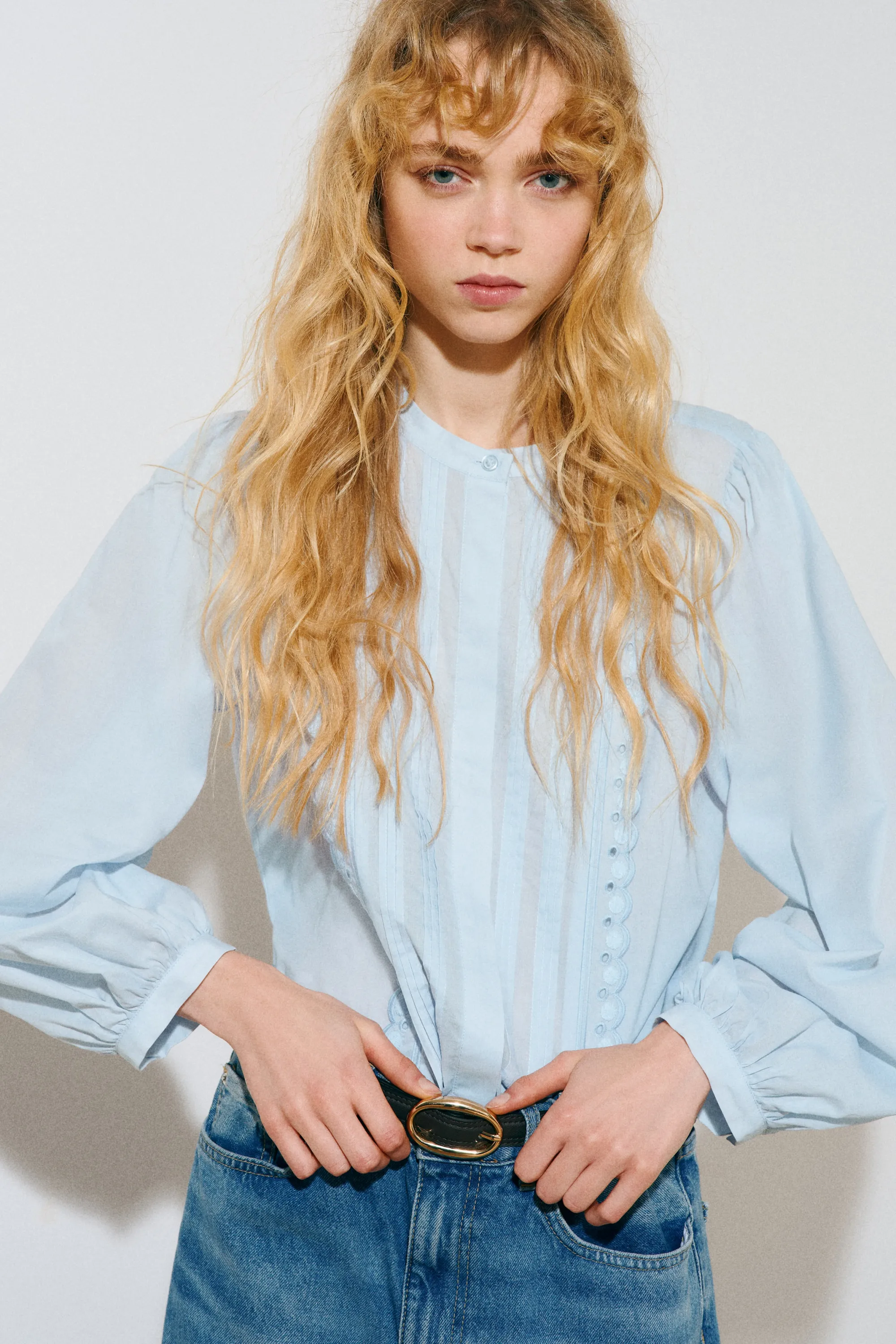 Blouse en coton avec plis nervure - Bleu clair