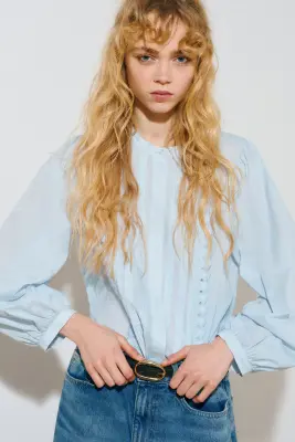 Blouse en coton avec plis nervure - Bleu clair — photo 1