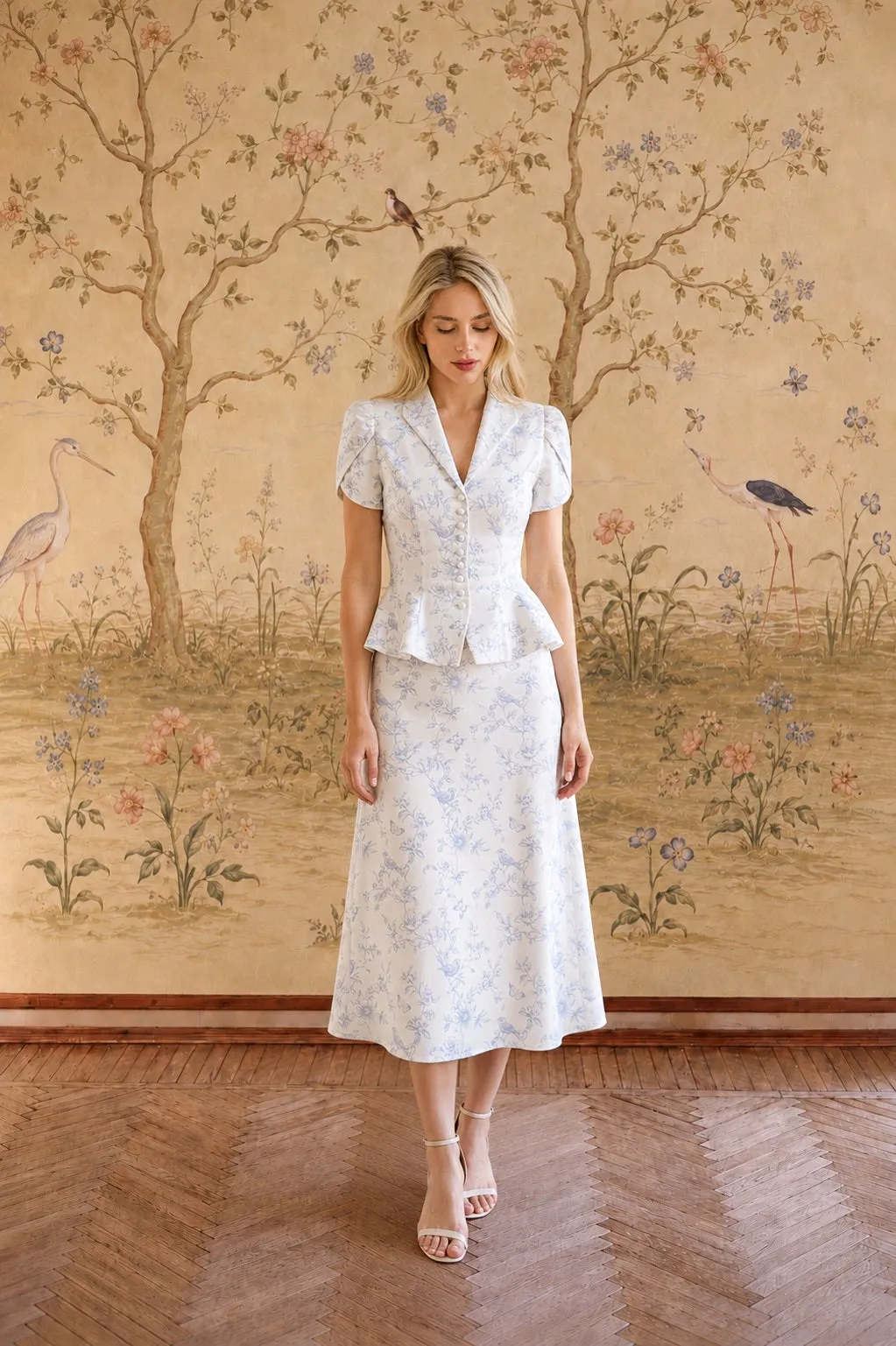 Andi Peplum Blouse - Blue Toile de Jouy Birds