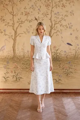 Andi Peplum Blouse - Blue Toile de Jouy Birds — photo 1