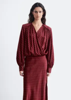Robe portefeuille à col en V - Rouge foncé/Pois — photo 2