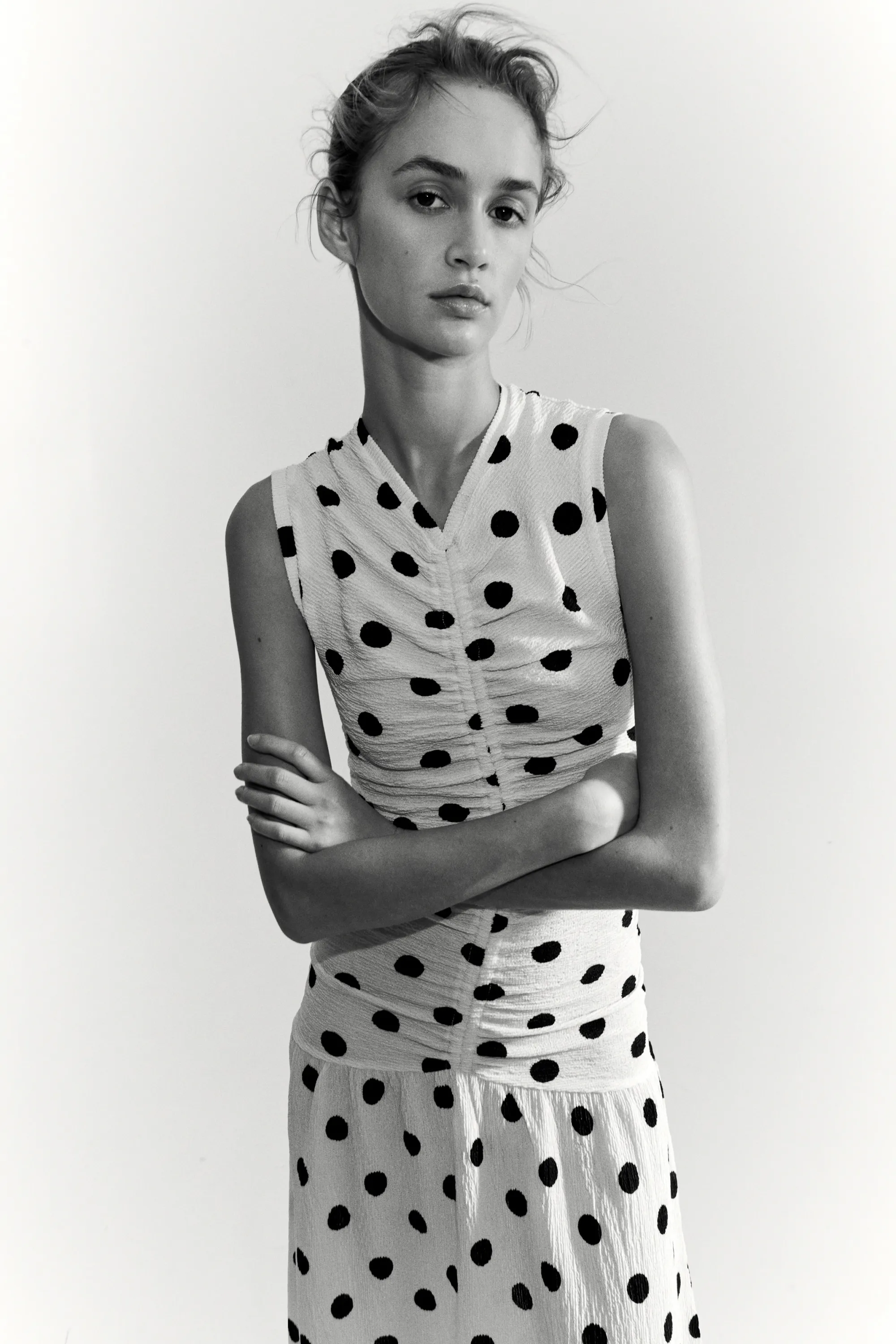 Robe en jersey à effet drapé - Crème/pois