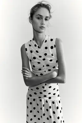 Robe en jersey à effet drapé - Crème/pois — photo 1