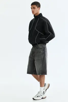 Short Baggy en denim avec coutures tournantes - Gris denim foncé — photo 4