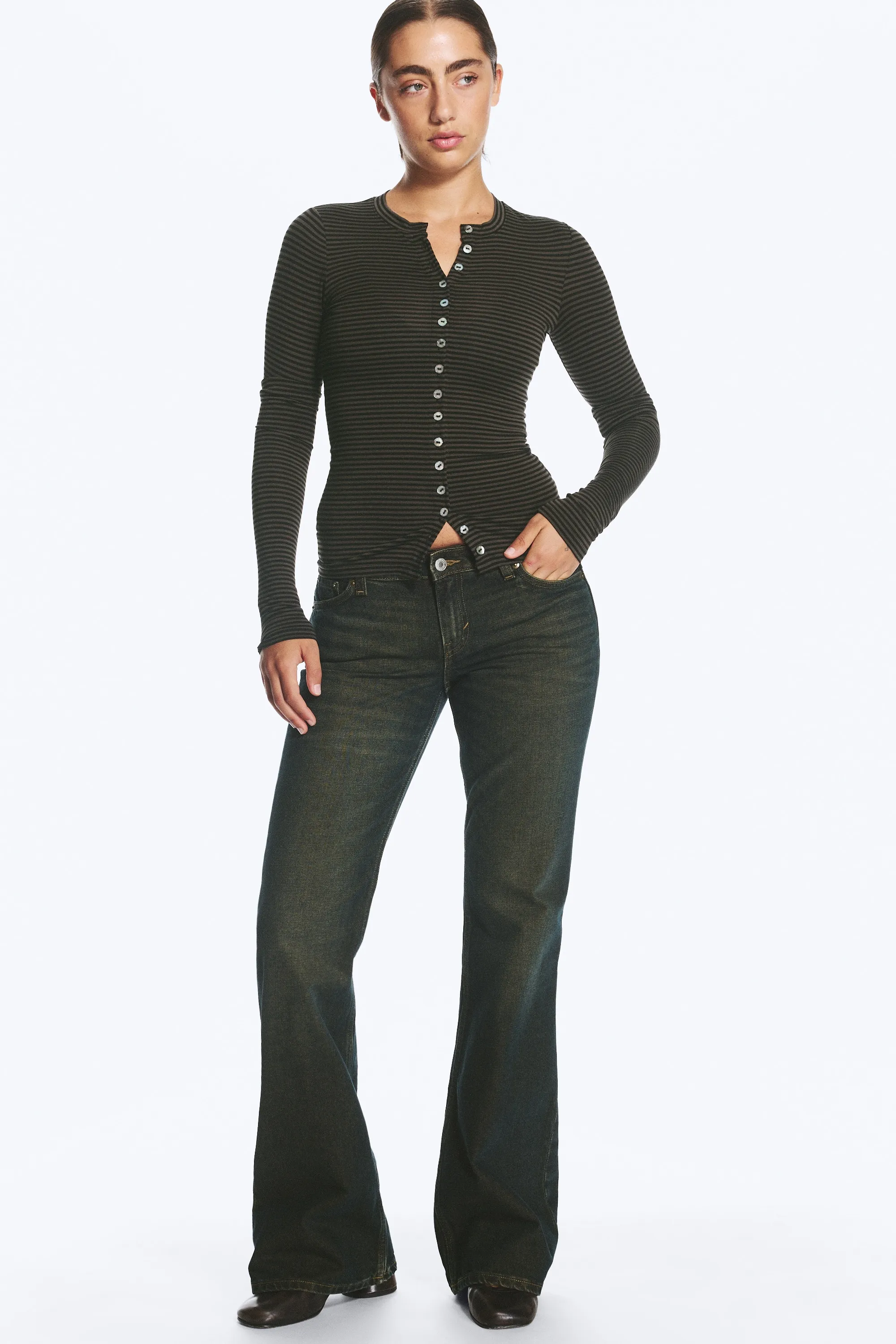 Cardigan à boutons en perle d’imitation - Rayé vert kaki foncé