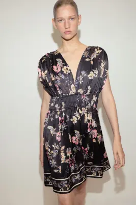 Robe drapée avec détail à nouer - Noir/fleuri — photo 1