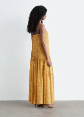 Robe longue à corsage plissé - Jaune chaud/Motif fleuri — photo 5