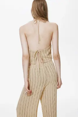 Pantalon en maille avec taille élastique - Beige — photo 4