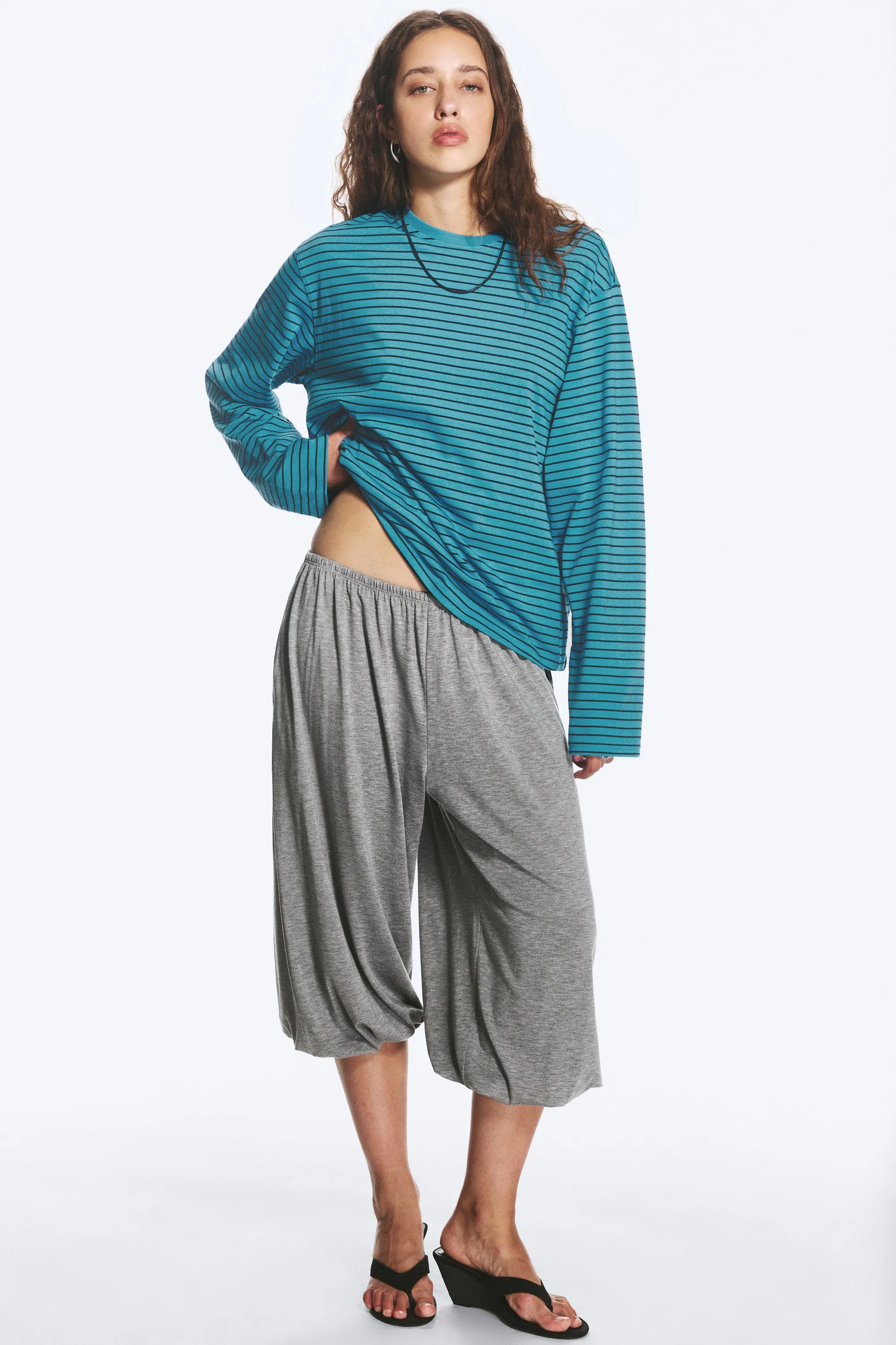 T-shirt coton carré manches longues - Rayures turquoises/noires