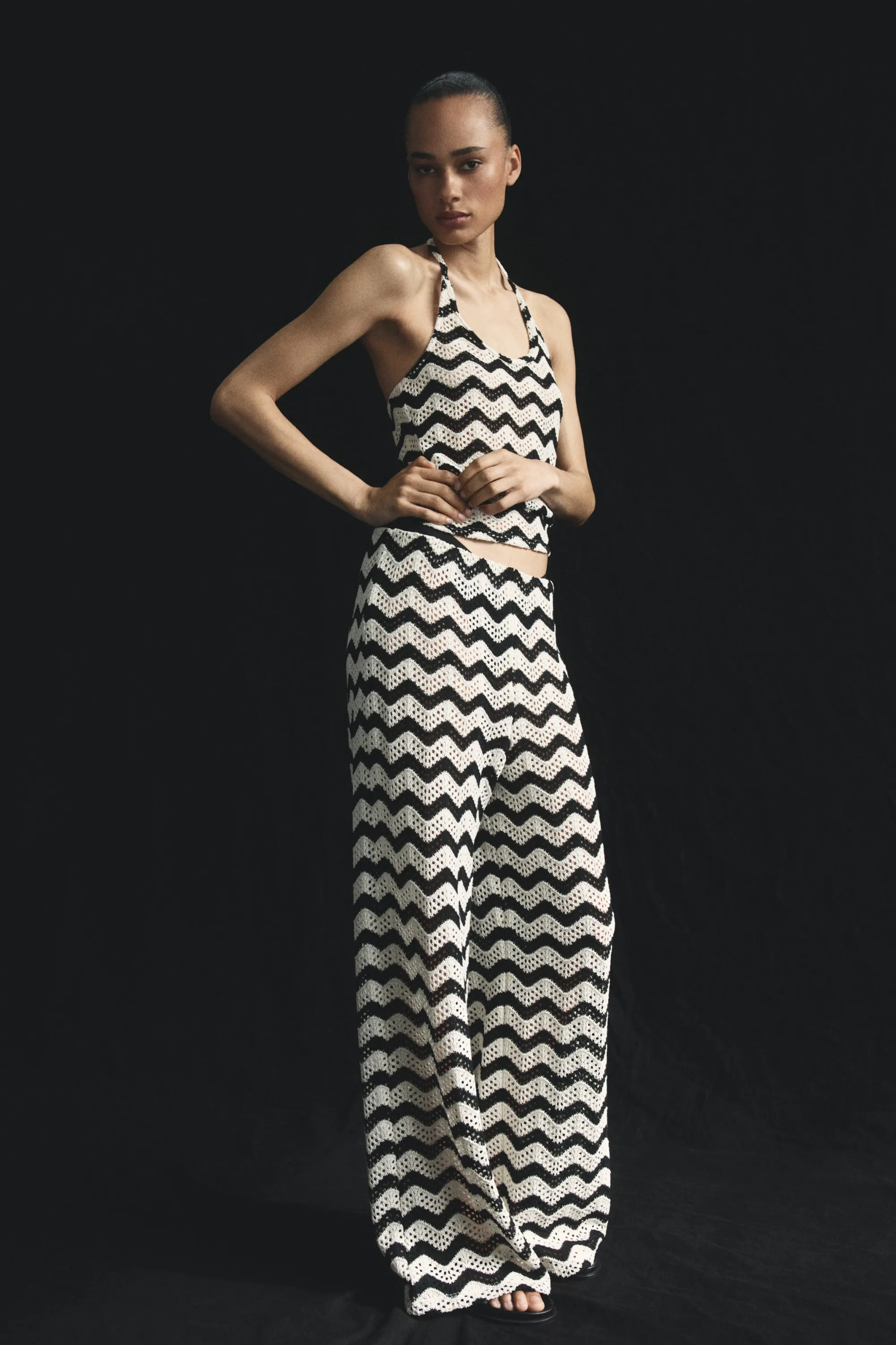 Top dos nu en maille pointelle - Noir/motif zigzag