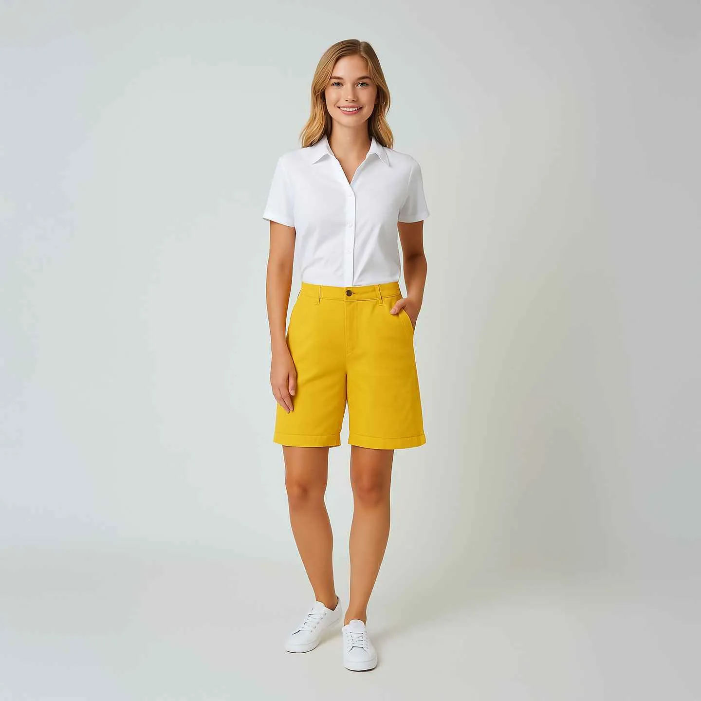 Barbara, Bermuda avec revers en toile stretch - Toile Pamplemousse