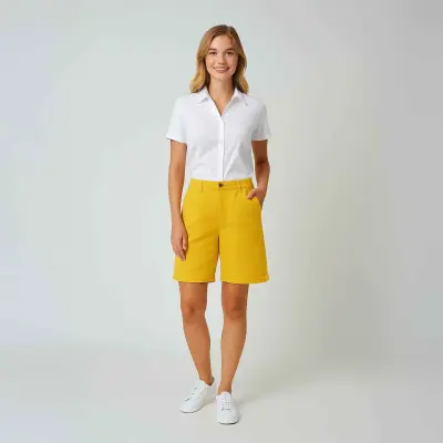 Barbara, Bermuda avec revers en toile stretch - Toile Pamplemousse — photo 1