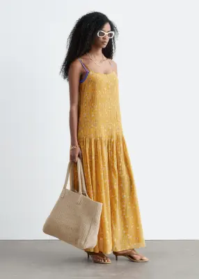 Robe longue à corsage plissé - Jaune chaud/Motif fleuri — photo 4