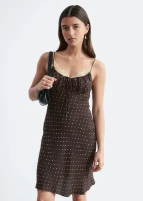 Robe courte à cordon de serrage - Brun foncé/Pois blancs — photo 3