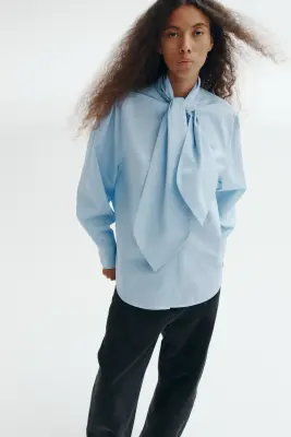 Chemise en popeline de coton à col à nouer - Bleu clair — photo 1