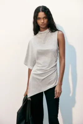 Top asymétrique avec col cheminée - Gris clair chiné — photo 2