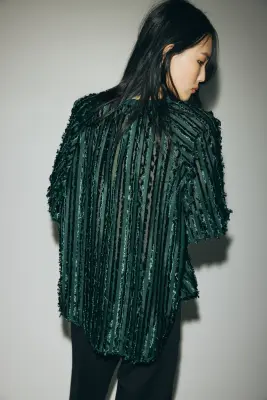Blouse avec col à nouer - Vert foncé — photo 3