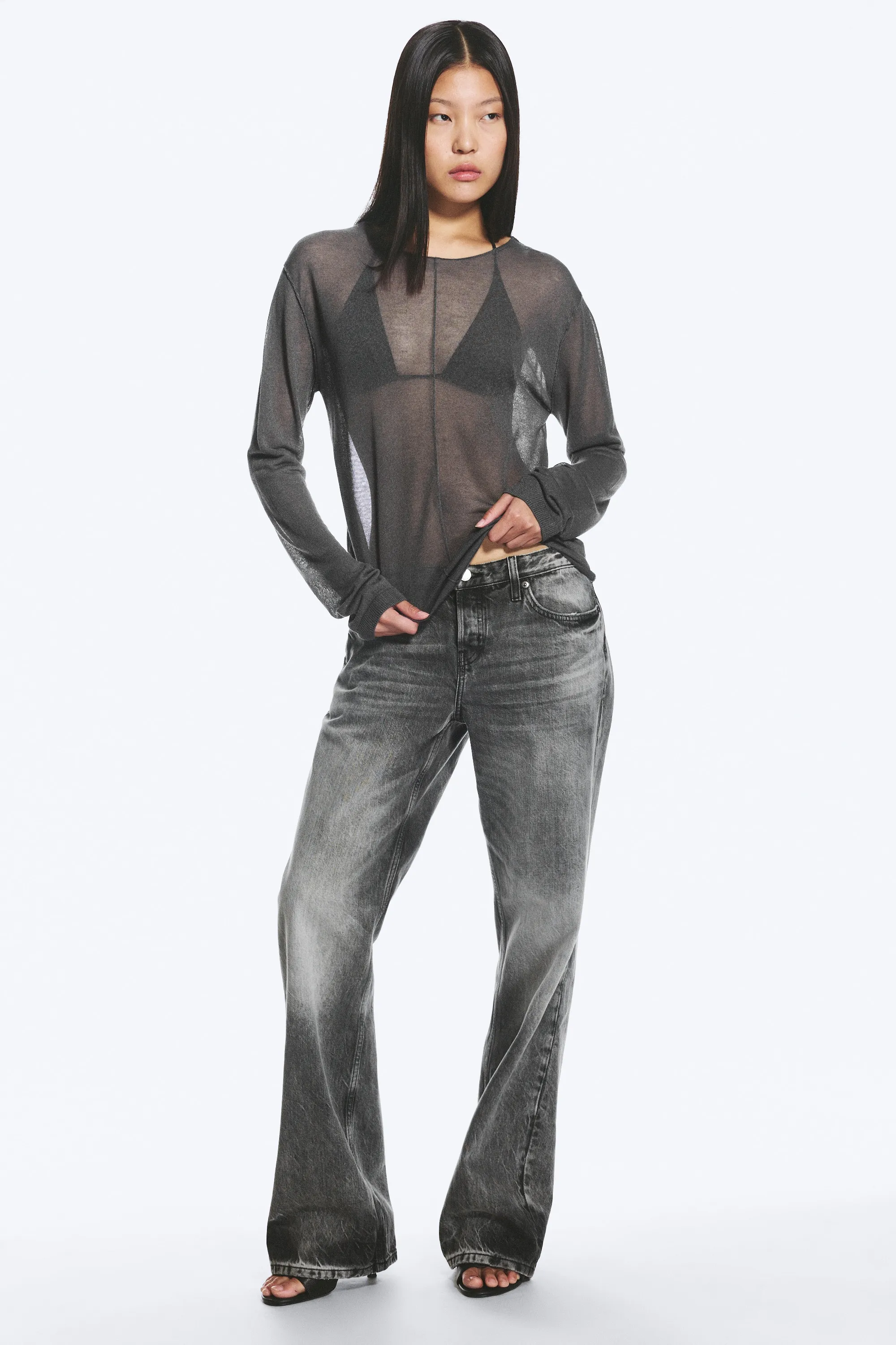 Pull ample confectionné en maille transparente - Gris foncé