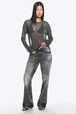 Pull ample confectionné en maille transparente - Gris foncé — photo 1